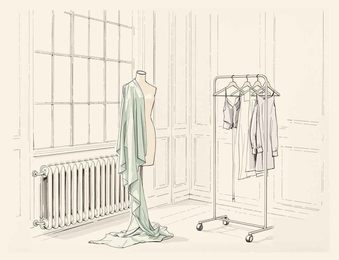 Pen and wash illustration of a bright atelier: a dress form draped with sage cloth beside a garment rack