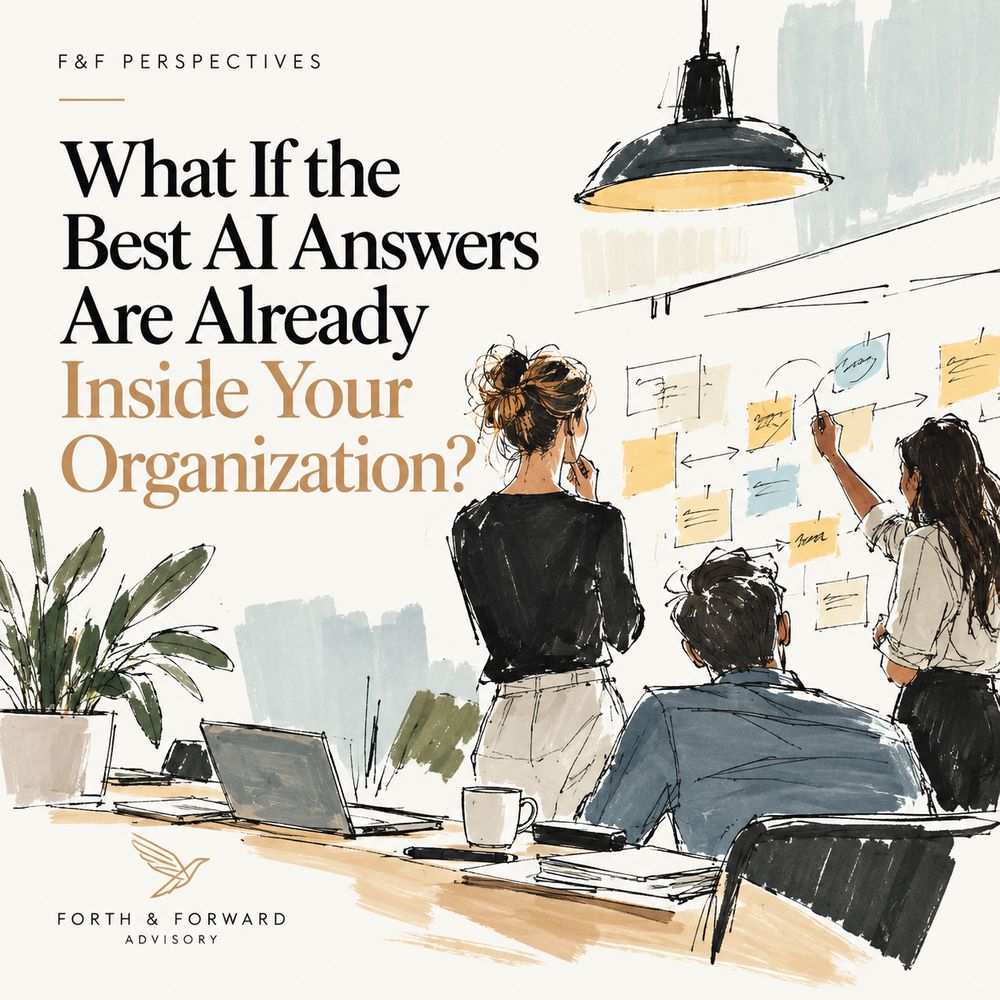 Cover: What if the best AI answers are already inside your organization? Ink and marker illustration of colleagues at a wall of sticky notes under a pendant lamp